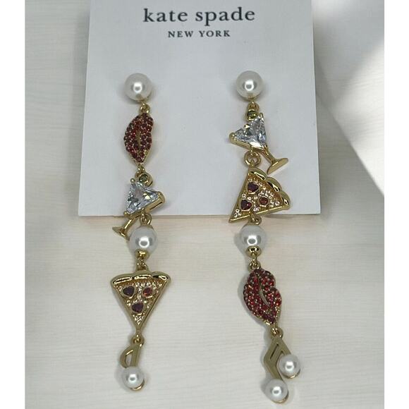 Kate Spade Faux Pearl Hit The Town Earrings Gold Tone CZ Linear Chic Trendy NWT - Picture 1 of 16